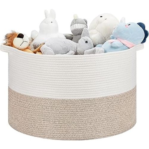 Ravinte Large Storage Basket - 22"x 22"x 14" Blanket Basket for Living Room, Baby Toy Storage Basket, Cotton Rope Basket Woven Laundry Basket (White - Light Brown2)