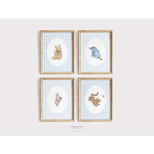 Classic Winnie the pooh baby boy nursery wall art digital download blue Winny the pooh decor printable set of four cottagecore gingham