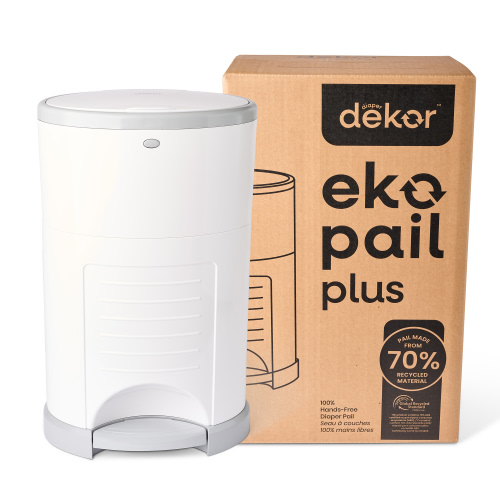 Dekor Eko Plus Diaper Pail Made with 70% Recycled Materials, Hands-Free: Step–Drop–Done | Cost-Effective Refill System | Great Cloth Diaper Pail, White