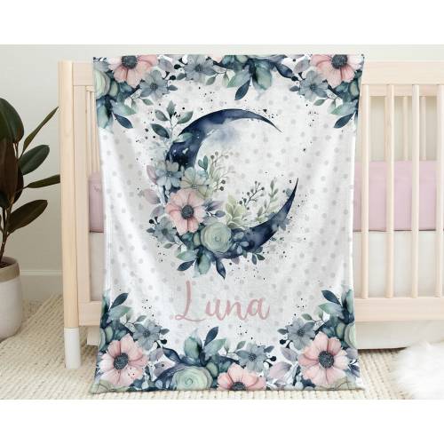 Personalized moon baby blanket flowers moon pink baby girl gift newborn swaddle moon gift new mom baby shower gift newborn name blanket