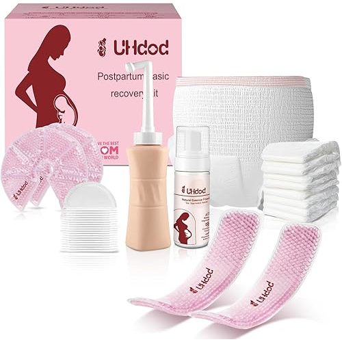 UHdod Postpartum Essentials Recovery Kit, Postpartum Kit for Women After Birth Labor Delivery Postpartum Care Kit, Disposable Underwear Cold Pads Cooling Foam Peri Bottle Nursing Pads Breast Ice Packs
