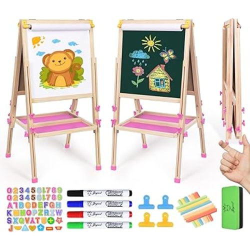 Joyooss Art Easel for Kids Easel, Kids Easel for Painting Easel Wooden Whiteboard, Toddler Art Easel Kids Easel with Paper roll Toddler Art Easel for Kids Dry Erase Board Art Easel for Kids Ages 4-8