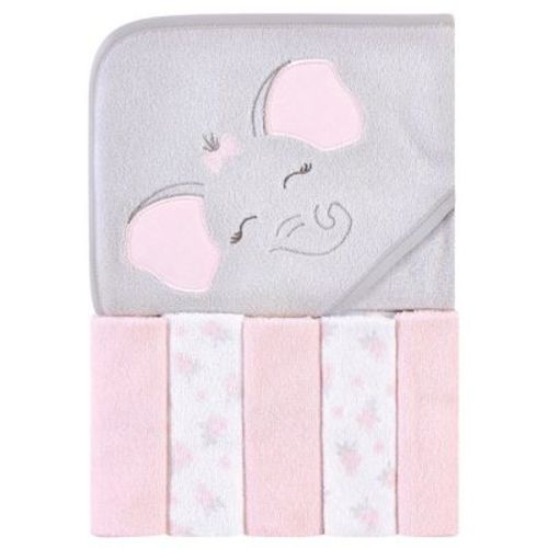Hudson Baby Infant Girl Hooded Towel And Five Washcloths, Pink Elephant, One Size