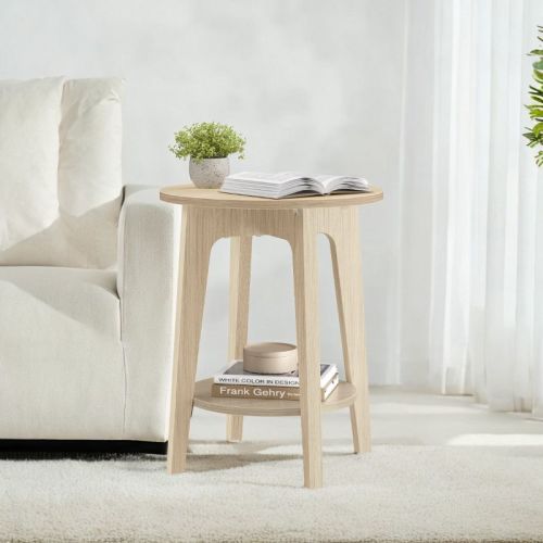 Round End Table Farmhouse Small Side Table Living Room Corner Table Drink Table Natural Beige