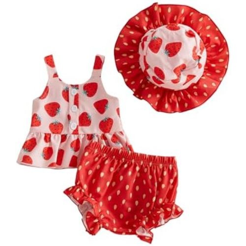 Emmababy Baby Girl Summer Clothes Watermelon Strawberry Ruffle Top Shorts Hat Set Toddler Sleeveless Shirt Bloomers Outfit
