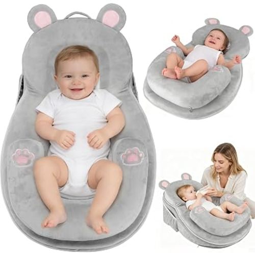 Baby Feeding Pillow, Anti-Reflux Breastfeeding Infant Lounger & Tummy Time Pillow for Reducing Spit-Up, 25.2" L x 17.7" W, Detachable Cover with Handle & Storage Bag