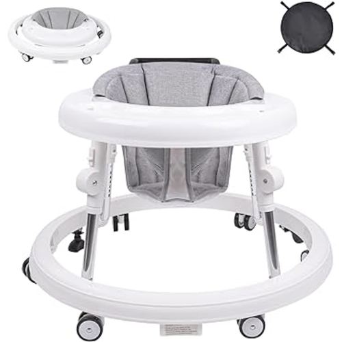 Baby Walker, Foldable 9-Gear Height Adjustable Baby Walker with Wheels, Infant Toddler Walker with Foot Pads, Anti-Fall Baby Walkers and Activity Center Bouncer Combo for Boys and Girls 6-24 Months…