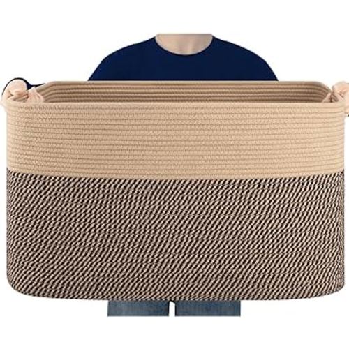 Extra Large Blanket Basket, Toy Basket Bin for Kids, Cotton Rope Woven Storage Basket for Living Room, Nursery, Baby Room Decorative Organizer, 24''×16''×15'', Brown & Black