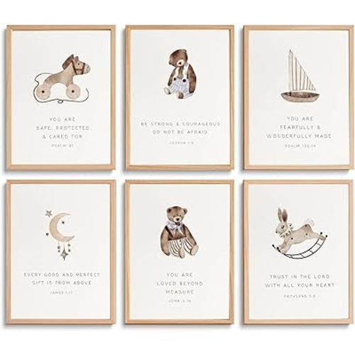 LOARTVE Christian Nursery Wall Art Prints Set of 6 Kids Bible Verse Affirmations Wall Decor Pictures Vintage Animal Scripture Posters for School Baby Boy Room Decorations Unframed 8x10in