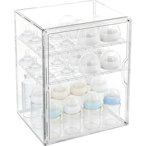 Baby Bottle Organizer, 3 Tiers Adjustable Clear Acrylic Storage Station Case Box Container for Bottles, Pacifiers, Pump Parts, Bottle Organizer Baby for Countertop and Cabinet