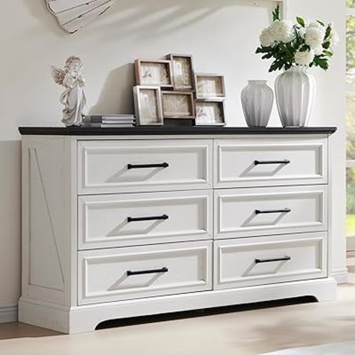 Farmhouse 6 Drawer Dresser for Bedroom, 52 Inch Wide Modern Dresser TV Stand with Large Drawers & Bar Handles, Rustic Wood Chest of Drawers for Bedroom, Living Room, Hallway, Off White
