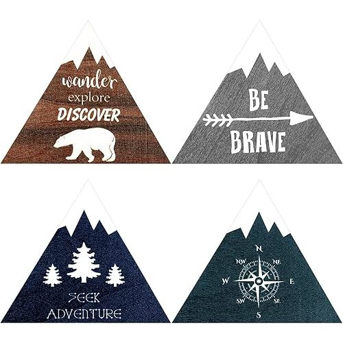 4 Pieces Inspirational Wooden Nursery Wall Sign - Rustic Mountain Nature Forest Woodland Adventure Motivational Hanging Decor with Hook for Baby Bedroom (Classic Colors)