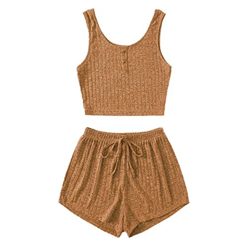 SOLY HUX Women's Button Front Ribbed Knit Tank Top and Shorts Pajama Set Sleepwear Lounge Sets Solid Yellow Small