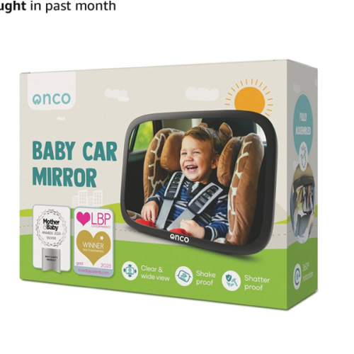 Onco Baby Car Mirror Rear Facing - Double Award-Winning Convex Car Mirror for Baby, 100% Shatterproof & Shakeproof with 360° Rotation, Newborn Essentials (9.6 x 6.9 in)