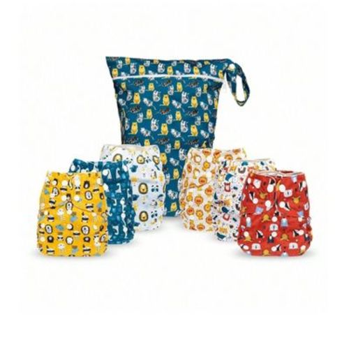 6ct Reusable Cloth Diapers, One Size Adjustable, Washable Soft Absorbent, Waterproof Cover, 4-Layers Microfiber Inserts (Boy Animals) - Simple Being