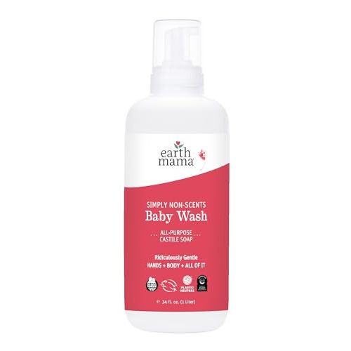 Earth Mama Simply Non-Scents Baby Wash Foaming Hand Soap, Organic Fragrance Free Body Wash, Unscented Body Wash, Castile Soap with Coconut Oil, Shea Butter, Calendula, & Aloe, 34floz