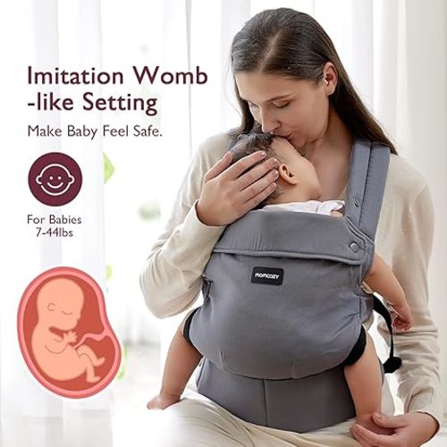 Momcozy Baby Carrier Newborn to Toddler - Ergonomic, Cozy and Lightweight Infant Carrier for 7-44lbs, Effortless to Put On, Ideal for Hands-Free Parenting, Enhanced Lumbar Support, Grey