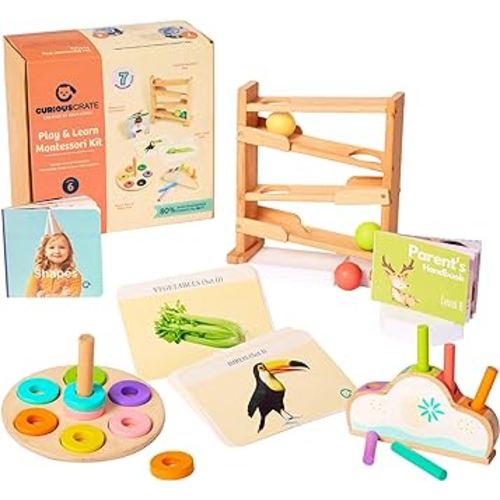 Montessori Toys for 1 Year Old, 6-in-1 Educational Wooden Toys for 1 Year with Ring Stacker, Ball Drop, Pop Up Toy, Toddler Flashcards, Sensory Learning Toy Play Set for Kids