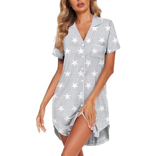 Ekouaer Womens Nightgown Button Down Sleepshirts Short Sleeve Sleepwear Boyfriend Nightshirts Pajama Dress