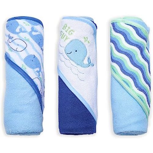 Buttons & Stitches Boy's 3-Pack Blue Whale Hooded Baby Towels, 26x30 Inches