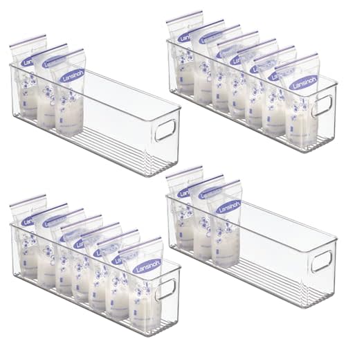 mDesign Plastic Long Stackable Storage Organizer Container, Organization Bin w/Handles for Kitchen, Pantry, Fridge, Freezer, Cabinet, Perfect to Hold Breast Milk - Ligne Collection - 4 Pack, Clear