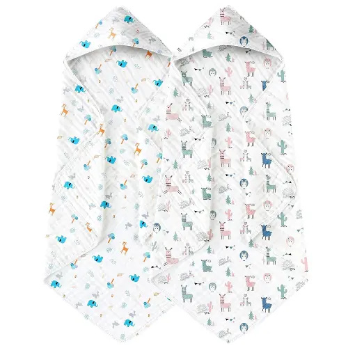 Yoofoss Hooded Baby Towels for Newborn 2 Pack 100% Muslin Organic Cotton Baby Bath Towel with Hood for Babies, Infant, Toddler and Kids, Large 32x32Inch, Soft and Absorbent Newborn Essential