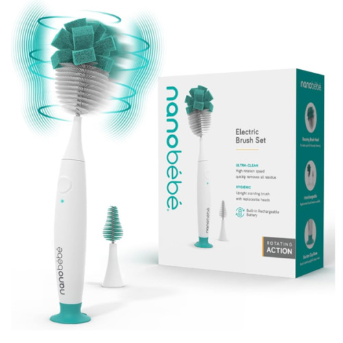 Nanobebe E-Brush Baby Bottle Cleaner - Electric Bottle Cleaning Brush, Baby Accessories, and Sippy Cups - Rechargeable, Includes Replaceable Brush Head - Teal - Electric Brush