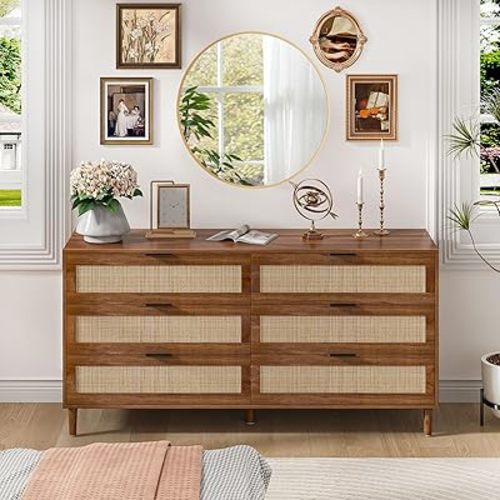 Rattan 6 Drawer Dresser for Bedroom,59" Modern 6 Drawer Double Dresser,Wooden Dresser Chest of Drawers with Wide Storage Cabinet,Dresser for Closet,Nursery,Living Room and Entryway,Walnut