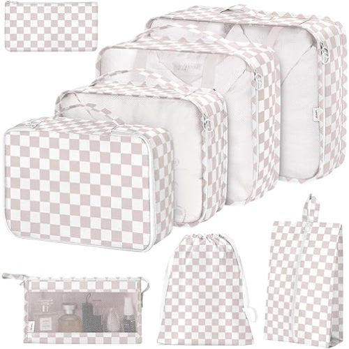 8 Set Packing Cubes for Suitcases, Packing Cubes with Shoe, Cosmetics, Clothing, Accessories Bags for Travel Luggage Organizer Women Men(Light Pink Checkered)