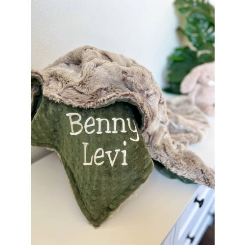 Personalized Baby Blanket, Sandshell Rabbit and Minky Back Blanket, Newborn Boy Gift, Baby Shower Gift, Neutral Boho Blanket, Embroidered