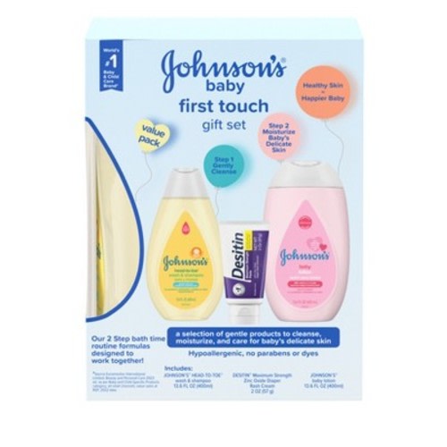 Johnson's First Touch Baby Gift Set Includes Baby Bath Wash & Shampoo, Body Lotion, & Diaper Rash Cream - 3ct
