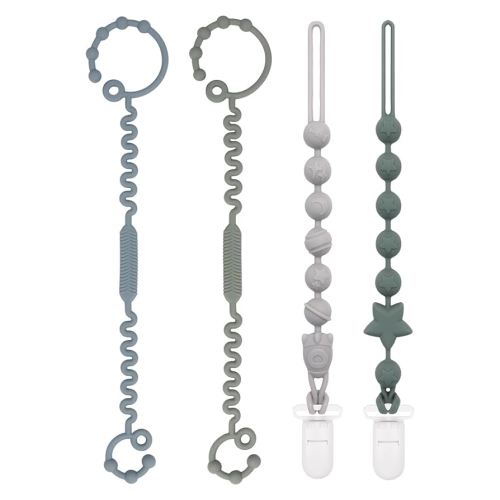 Babygoal Silicone Pacifier Clips 4 Pack,2pcs Pacifier Holder Clip with 2pcs Toy Strap Chain for Baby Boy Girl Fits All Pacifier,Binky,Teething Toys,Highchairs,Car Seat,Strollers-Neutral Color