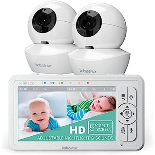 Babysense 5" HD Split-Screen Baby Monitor, Video Baby Monitor with Camera and Audio, Two HD Cameras with Remote PTZ, Night Light, 960ft Range, Two-Way Audio, 4X Zoom, Night Vision, 4000mAh Battery