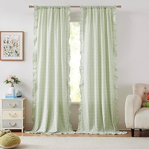 ZJDECOR Buffalo Plaid Ruffled Curtains 84 Inches Length,Rustic Not-See-Through Sheer Curtains,Shabby Chic Window Treatment for Bedroom Living Room,Sage Green and White,Rod Pocket,40" Wx84 L,Pack of 2