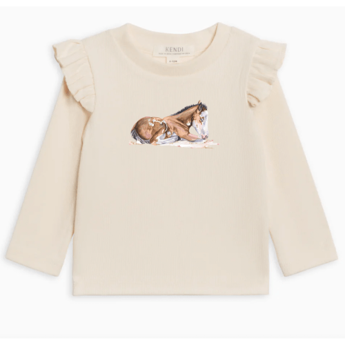 Laying Foal Ribbed Ruffle Long Sleeve Top (Toddler) - Ivory