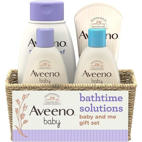 Aveeno Baby Bathtime Solutions Baby & Me Gift Set with Baby Wash & Shampoo, Calming Baby Bath, Baby Daily Moisturizing Lotion & Stress Relief Body Wash for Mom, Oatmeal, 4 Items