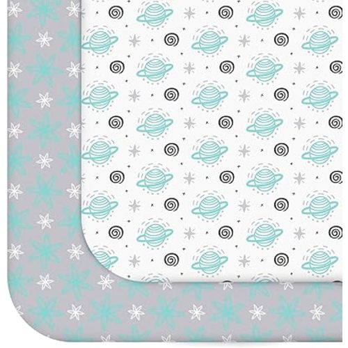 Pack and Play Sheets, 2 Pack Mini Crib Sheets, Stretchy Playard Fitted Sheet, Compatible with Graco Pack n Play, Soft and Breathable Material, Planet & Flower