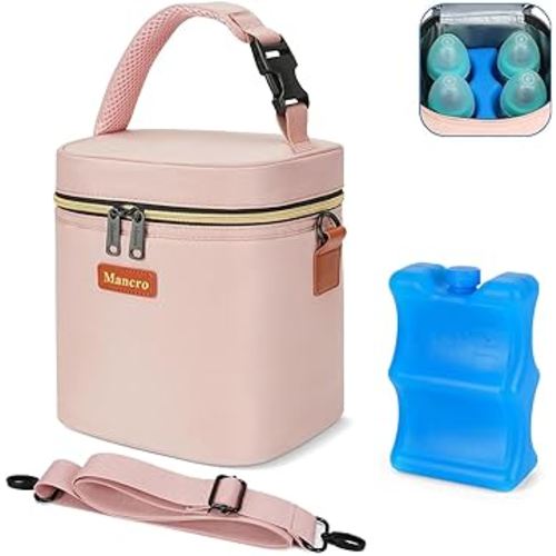 Mancro Baby Bottle Bag for Breastmilk, Breast Milk Cooler Bag with Ice Pack Fits 4 Milk Bottles Up to 9 Ounce with Adjustable Shoulder Strap, Lnsulation Breast Milk Cooler Travel Gifts, Pink