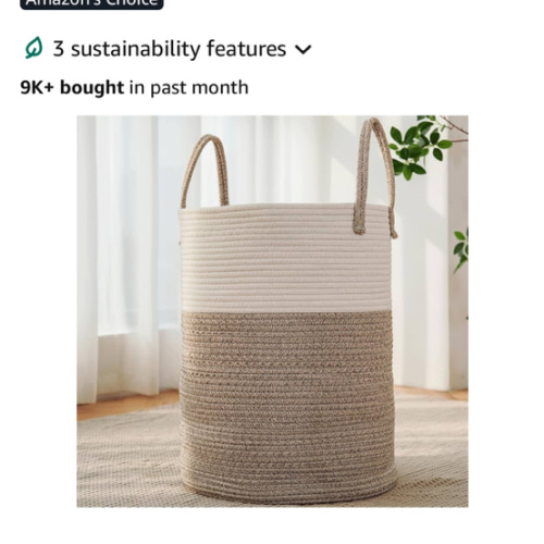 Large Woven Laundry Basket Hamper,60L Cotton Rope Storage Bin for Blankets,Toys and Clothes,Decorative Tall Nursery Hamper for Living Room,Baby Nursery,Bathroom and Bedroom,Brown