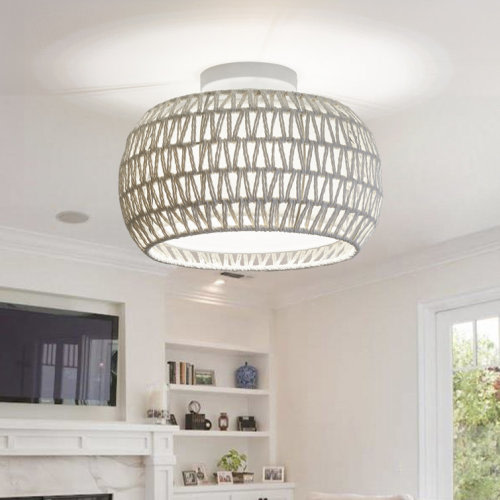 Dundridge Rattan Ceiling Light Fixtures, Hand-woven Boho Flush Mount Ceiling Light, Handmade Rattan Light Fixtures Ceiling Mount with Fabric Shade, Farmhouse Light Fixture for Bedroom Hallway Entryway