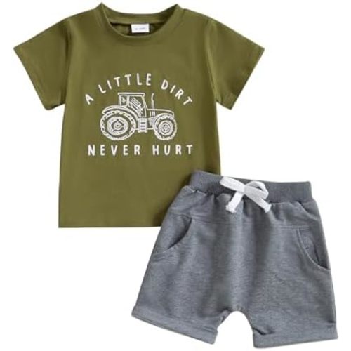 fhutpw Toddler Baby Boy Summer Clothes Tractor Letter Short Sleeve T-Shirt Tops Pockets Casual Shorts Set Infant Outfits