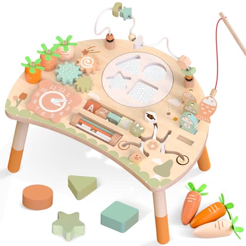 Wooden Activity Table for Toddlers, 9 in 1 Montessori Toy | Sensory Learning, Bead Maze, Shape Sorter, Fishing Game, Spinning Gears, Wood, CPSIA Certified, Gift for Boys Girls