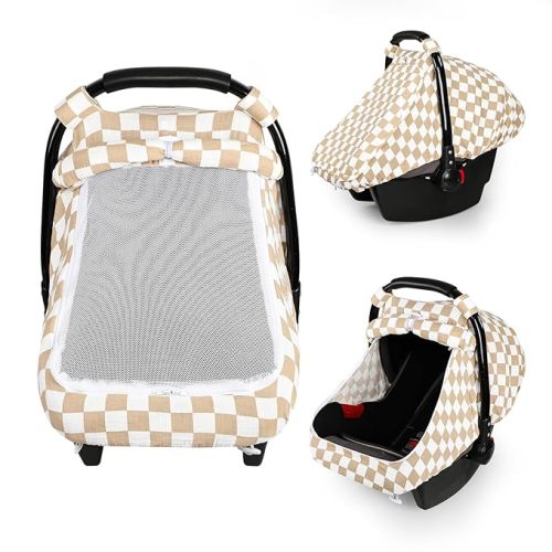 DILIMI Car Seat Covers for Babies, Muslin Cotton Baby Car Seat Cover with Breathable Mesh Window, Summer Infant Car Seat Canopy for Boys Girls Newborn, Green Plaid