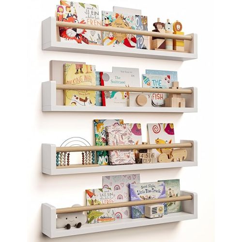 Nursery Book Shelves, 4 Pack, Wall Book Shelves for Kids Room, Baby, Toddler, Nursery Decor (White Wood, 23.1 Inches)