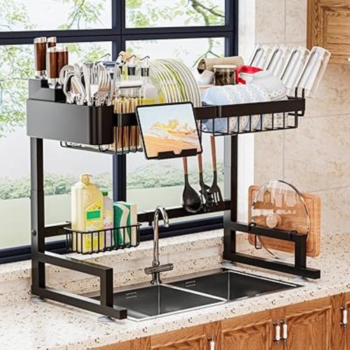 Over Sink Dish Drying Rack (Expandable Height/Length) Snap-On Design Large Dish Drainer Storage Counter Organizer 24" - 35.5"(L) x 12"(W) x 19" - 22"(H)