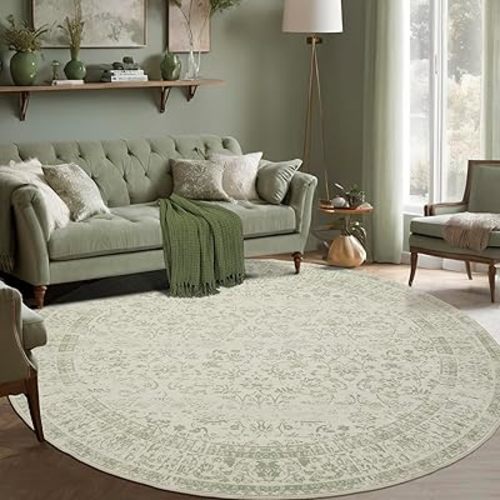 6ft Round 6' Round Rug Washable Area Circle Rug Vintage Carpet Indoor Floor Cover Floral Print Sage Green