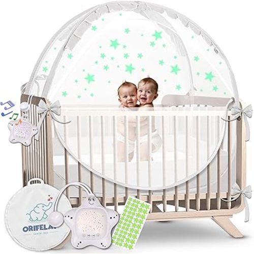 Baby Crib Tent - Toddler Bed Tent w/White Noise Machine, Wide Zipper Opening - Easy Setup Crib Cover w/Glow in The Dark Stickers & Custom Multi Color Light, Breathable Mesh Cribs Net, White