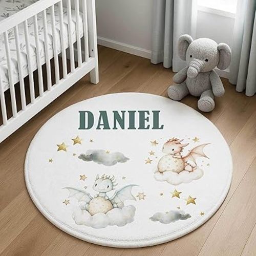 Soft Baby Nursery Rug for Boys – Personalized Dragon Play Mat with Custom Name, Cute Infant/Toddler Area Rug, Newborn Gift Idea