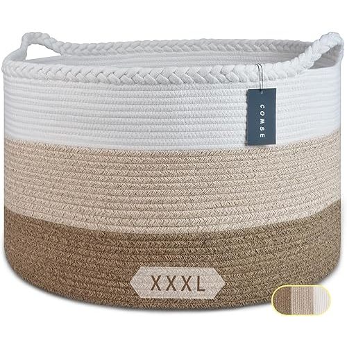 COMSE Extra Large Blanket Basket, Woven Laundry Basket, 21.7”x 13.8”, Nursery Hamper, Cotton Rope Laundry Hamper Living Room for Storage Toys Clothes Towels(White & Gradient Brown)