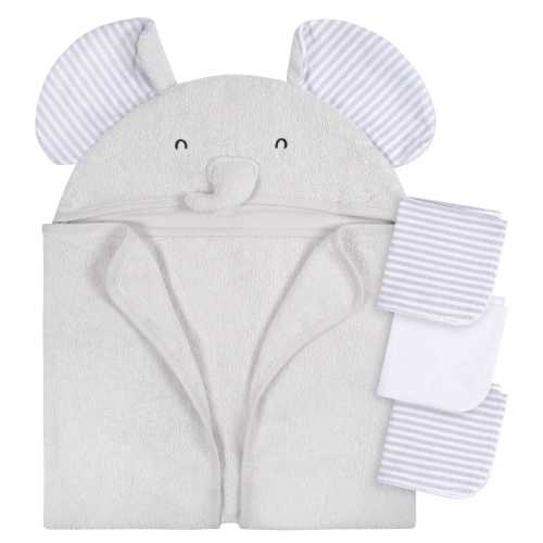 4-Piece Baby Neutral Grey Elephant Towel & Washcloths